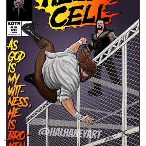 Può includere: Un'illustrazione di copertina di un fumetto che rappresenta un match di wrestling in una gabbia d'acciaio. Il titolo del fumetto è "Hell in a Cell". Il wrestler a sinistra cade dalla cima della gabbia, mentre il wrestler a destra è in piedi sul pavimento della gabbia. Il testo "As God is my witness, he is broken in half!" è scritto sul lato sinistro della copertina.