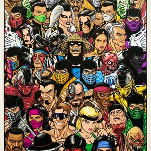 Puede incluir: Una ilustración colorida de un grupo de personajes de la serie de videojuegos Mortal Kombat. Los personajes se representan en una variedad de poses y expresiones, con algunos personajes que parecen estar luchando. La ilustración está hecha en un estilo de cómic, con líneas audaces y colores brillantes.