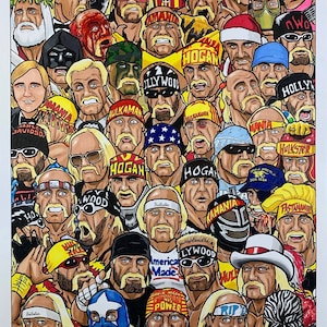 May include: A colorful illustration of a group of wrestlers, many of them wearing yellow and black, with the words "Hulkamania", "Hollywood", "Hogan", "NWO", "Hulkster", "America Made", "Power", "Rip", "Mean Gene", "Pastamania", and "RIP" visible.