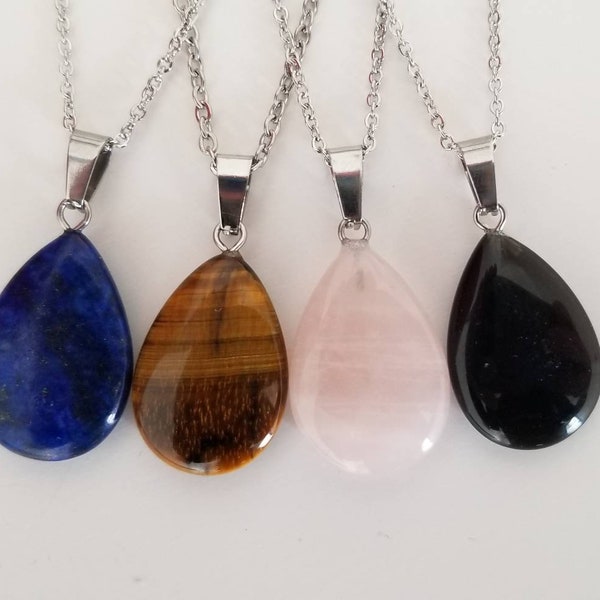 Pendentifs gouttes en obsidienne, quartz  rose, lapis-lazuli, jaspe rouge, unakite ou oeil de tigre seul ou avec chaine.