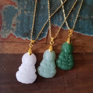 Buddha necklace in light green, dark green or white jade.