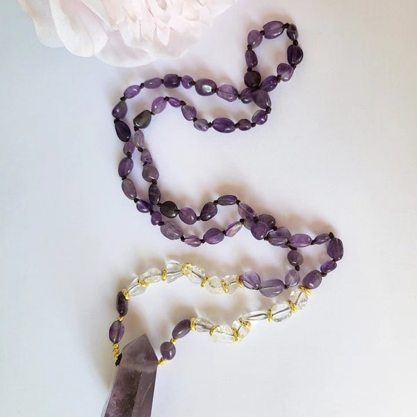 Rock crystal and amethyst long necklace and amethyst pendant