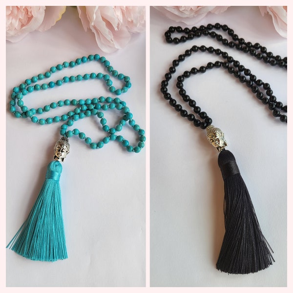 Collier mala en obsidienne ou howlite bleue et tête de Bouddha