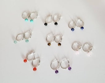 Hoop earrings with stone pendants (amethyst, obsidian, tiger's eye, rose quartz...)