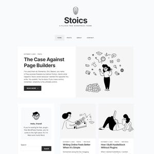 May include: A website design with a minimalist aesthetic, featuring a header with the word "Stoics" and a logo. The main content includes blog posts with titles like "The Case Against Page Builders". The design uses a black and white color scheme.