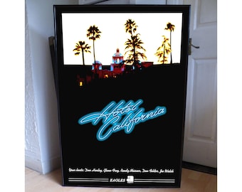 THE EAGLES Hotel CALIFORNIA promotional poster, advert,glenn frey,walsh,country,rock,pop,jazz,punk,new wave,soul,hip hop