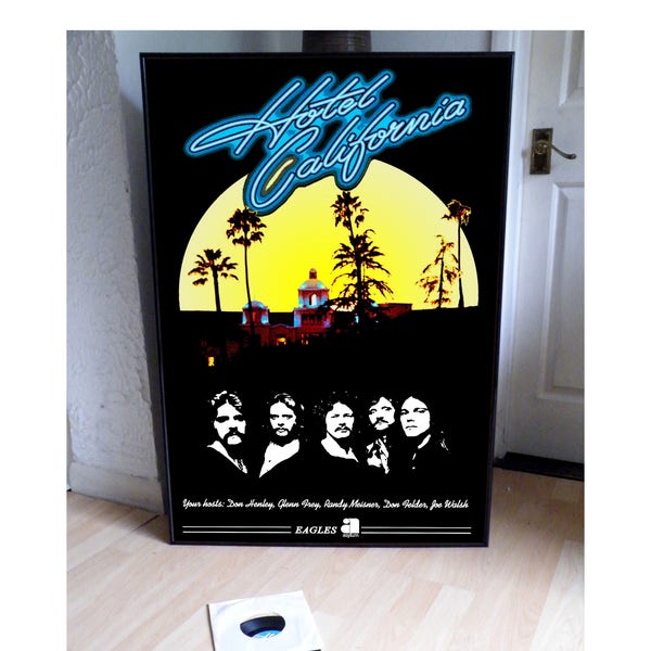 THE EAGLES Hotel CALIFORNIA promotional poster, advert,glenn frey,walsh,country,rock,pop,jazz,punk,new wave,soul,hip hop,easy