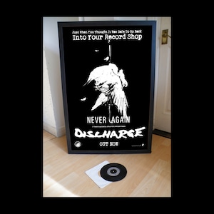 DISCHARGE never again promotional poster,pop,rock,jazz,metal,hip hop,soul,country,disco,punk,new wave,sex pistols,clash,damned,crass