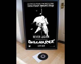 DISCHARGE never again promotional poster,pop,rock,jazz,metal,hip hop,soul,country,disco,punk,new wave,sex pistols,clash,damned,crass