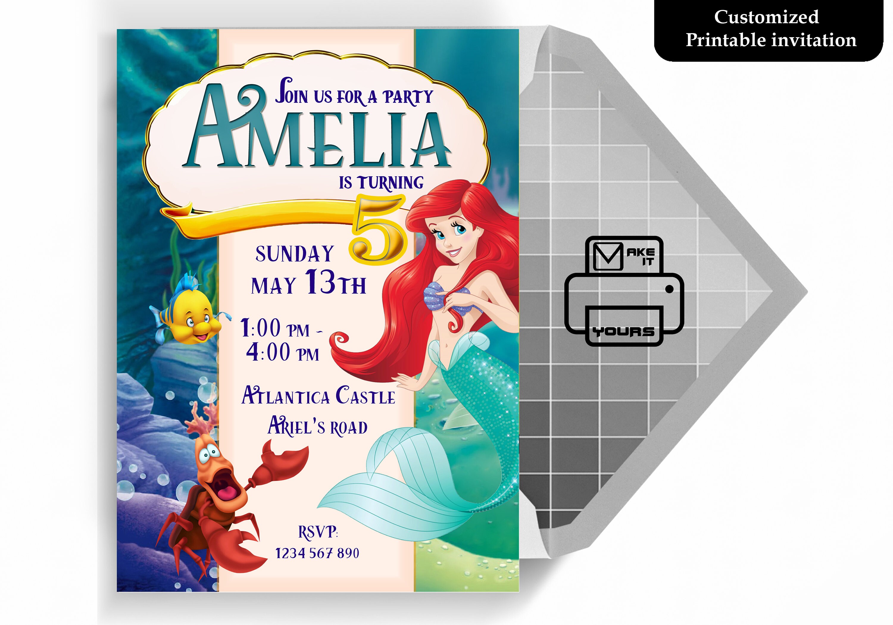Petite sirène Invitation, petite sirène anniversaire, la petite sirène inviter, petite sirène fête, petite sirène imprimable, petite sirène