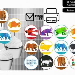 Toppers per cupcake a forma di orso bruno, topper per torte a forma di orso bruno, adesivi da 2 pollici a forma di orso bruno, orso bruno, festa a forma di orso bruno, download immediato a forma di orso bruno