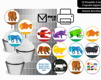 Adornos para cupcakes de oso pardo, adornos para tartas de oso pardo, pegatinas de oso pardo de 2 pulgadas, oso pardo, fiesta de oso pardo, descarga instantánea de oso pardo