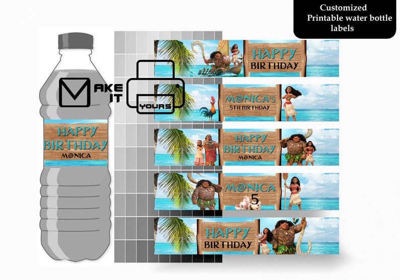 Puede incluir: Etiquetas personalizables para botellas de agua con tem&aacute;tica tropical. Las etiquetas presentan el texto "Happy Birthday Monica" y "Monica's 5th Birthday" con im&aacute;genes de personajes. Las etiquetas est&aacute;n dise&ntilde;adas para ser impresas.