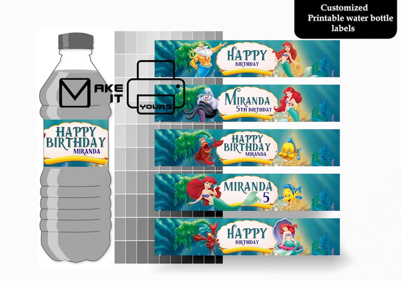 Puede incluir: Cinco etiquetas imprimibles para botellas de agua con Ariel, &Uacute;rsula y el Pr&iacute;ncipe Eric de la pel&iacute;cula de Disney La Sirenita. Las etiquetas son azules y verdes con detalles dorados y tienen el texto "Feliz cumplea&ntilde;os" y "Miranda".