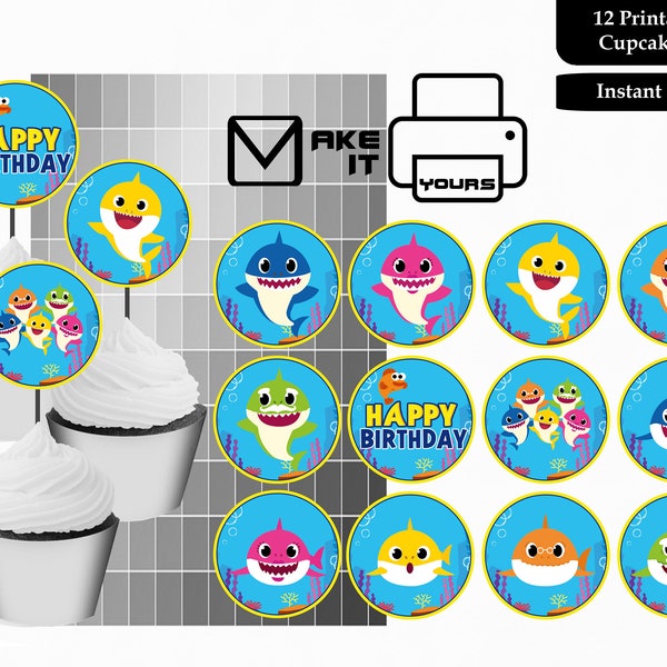 Baby Shark cupcake toppers, Baby Shark cake toppers, Baby Shark 2 inch stickers, Baby Shark, Baby Shark party, Baby Shark printable, instant