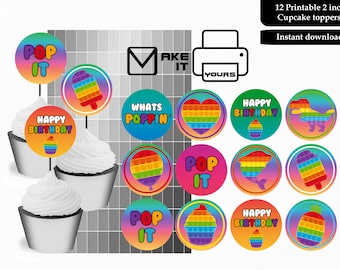 Chapéus de coco para cupcake Rainbow Pop It, chapéus de coco para bolo Pop It Fidget, adesivos Pop It Fidget de 2 polegadas, brinquedo Pop It, festa Pop It, Pop It Fidget para impressão