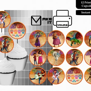 May include: Twelve printable 2 inch round cupcake toppers featuring characters and scenes from the animated film Coco. The toppers include Miguel playing guitar, Miguel and Dante, Mama Imelda, Hector, the alebrije, and more.  Make It Yours. Instant download.