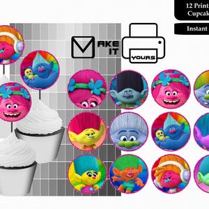 Trolls cupcake toppers, Trolls cake toppers, Trolls pegatinas de 2 pulgadas, Trolls, Fiesta de Trolls, Trolls imprimible, Descarga instantánea de Trolls