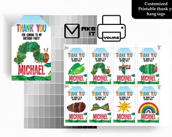 La oruga muy hambrienta Etiquetas de agradecimiento, la muy hambrienta Caterpillar Birthday Favor Tags, la muy hambrienta Caterpillar Birthday Party Tags