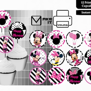 Minnie Mouse cupcake toppers, Minnie Mouse verjaardag, Minnie Mouse taart toppers, Minnie Mouse toppers, Minnie Cupcake, Roze Cupcake Toppers