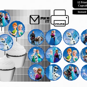 Toppers de cupcakes congelados, toppers de pasteles congelados, pegatinas congeladas de 2 pulgadas, Frozen, fiesta congelada, imprimible congelado, descarga instantánea congelada