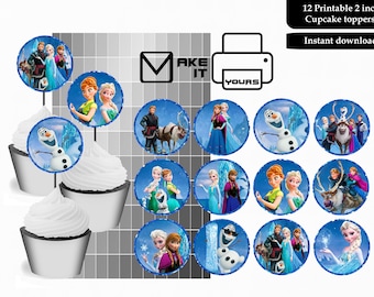 Toppers de cupcakes congelados, toppers de pasteles congelados, pegatinas congeladas de 2 pulgadas, Frozen, fiesta congelada, imprimible congelado, descarga instantánea congelada