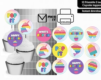 Topos de cupcake Pop It, topos de bolo Pop It Fidget, adesivos Pop It Fidget de 2 polegadas, brinquedo Pop It, festa Pop It, Pop It Fidget para impressão