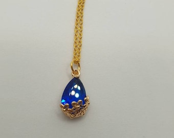 Teardrop glass pendant with necklace, royal blue teardrop glass pendant with flower charms