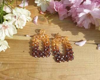 Glass crystal beads, brown ombre earrings. Golden plated stud earrings.