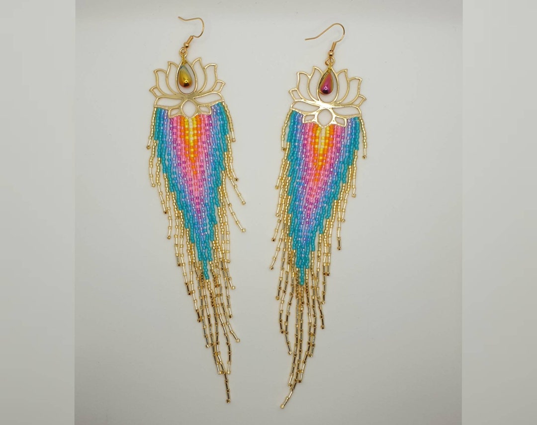 Beaded Lotus Flower Fringe Earrings, High Quality Delica Glass Beasd, Light Weight, Gold Plated