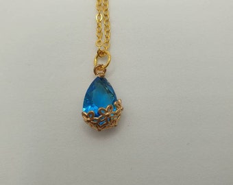 Teardrop glass pendant with necklace, blue teardrop glass pendant with flower charms