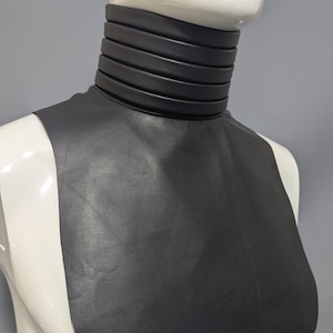 May include: A black leather collar with a high, folded design. The collar is made of a soft, supple leather and has a smooth finish.