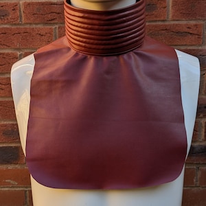 May include: A burgundy faux leather collar with a brown faux leather band around the top edge. The collar has a rounded bottom edge.