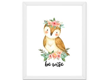 Owl nursry wall decor Woodland owl Print. Watercolor Nursery Art Floral  woodland  Print  Nursery Decor