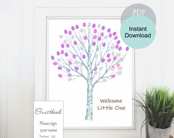 Fingerprint tree guestbook  - PINK birds alternative thumbprint  baby shower , Baby shower gift, Birthday,   instant digital file printable