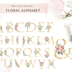 Alfabeto floral en lámina de oro, monograma de boda con rosas, arte de letras personalizado, iniciales de flores personalizadas