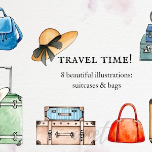 Imágenes prediseñadas de viajes en acuarela, maletas y bolsos en acuarela, sombrero de verano en acuarela, imágenes prediseñadas de viajes de vacaciones, maletas vintage
