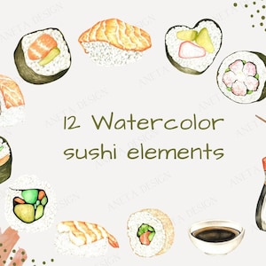 Sushi Clipart, Kitchen Art, Sushi Wall Art, Japanese Food, Digital Prints, Digital Download, Clipart, Wall Art, Watercolor Clipart,