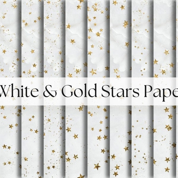 White Marble Papers with Gold Stars, Gold Glitter Stars Overlays
