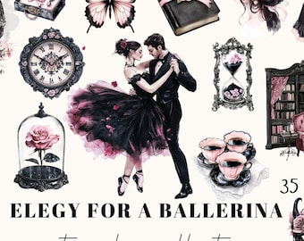 Gothic Ballerina Watercolor Clipart: Black Pink Vintage PNGs 35 Files