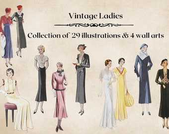 Clipart z modą vintage, panie vintage