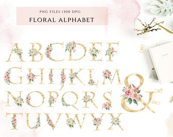Gold Foil Alphabet With Flowers, Floral Alphabet, Rose Wedding Alphabet, Golden Monogram with Flowers