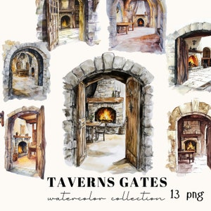 Watercolor Taverns Gates, Medieval Tavern, Medieval Town