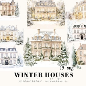 Elegante Häuser im Winter, verschneite Winterhäuser, gemütliches Haus Clipart, Weihnachten PNG Bündel