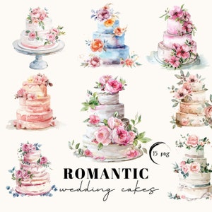 Clipart de casamento em aquarela, bolo de casamento, bolos florais, clipart de noiva