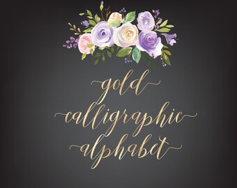 CALLIGRAPHIC GOLD FOIL alphabet, Gold alphabet clipart, Mettalic letters, Wedding fonts, Brush lettering, Golden foil download