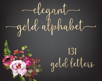May include: Elegant gold alphabet with 131 gold letters. The letters are in a cursive font and are surrounded by a floral arrangement of pink and burgundy flowers.