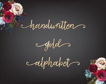 Handwritten gold foil alphabet, Decorative alphabet, Gold letters clipart, Gold numbers, Gold font, Gold alphabet clipart,