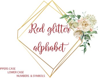 RED glitter alphabet, Glitter font, Red elegant alphabet, Glittered letters, Red numbers, Red sparkle alphabet, Red digital letters