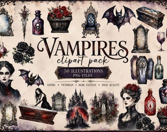 Aquarell-Cliparts mit gotischen Vampiren, viktorianische Dark Art, Sofort-Download